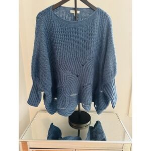 Woven Heart Blue Oversized Knit Sweater Sz S Boho Scallop Hem‎ Cozy Pullover
